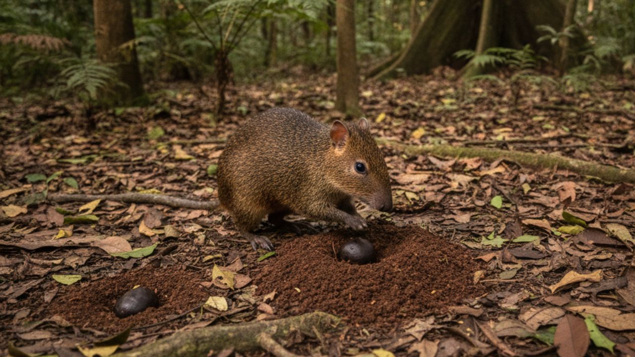 A cutia enterra sementes em dezenas de pontos da floresta e esquece parte de propósito, sem saber que está replantando tudo ao redor